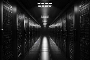 An eerie, dark, atmospheric corridor, fully lined with numerous server racks in an advanced modern data center photo