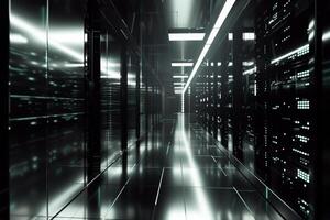 A sleek, modern corridor that reflects in a hightech data center, showcasing cuttingedge technology advancements photo
