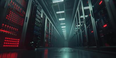 A cuttingedge, hightech data center features impressive rows of servers, illuminated by dramatic lighting effects photo