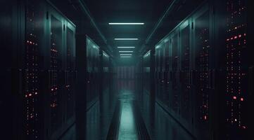 An expansive atmospheric corridor that is lined with hightech servers, contributing to a striking futuristic vibe photo