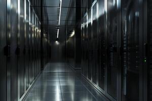 A sleek and futuristic view of a data center corridor featuring numerous server racks along with ambient lighting photo