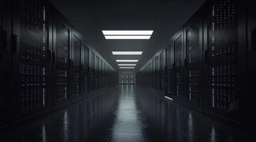 A dimly lit corridor showcases extensive server racks, embodying a highly sophisticated hightech data center photo