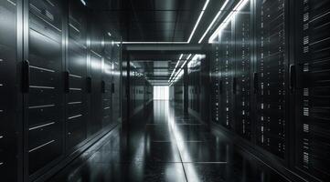 An elegantly designed, modern corridor located within a cuttingedge data center, softly illuminated by gentle lighting photo