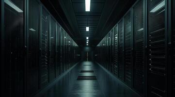 A shadowy corridor lined with server racks in a data center environment, evoking a profound sense of mystery photo