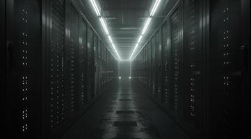 A dimly lit corridor within a data center, displaying rows of hightech server racks and illuminated pathways photo