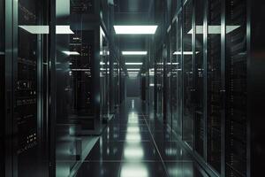 A contemporary data center corridor displaying stateoftheart server technology set within a hightech environment photo