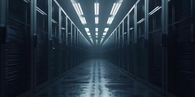 A sleek and ultramodern data center corridor featuring brightly illuminated server racks and a highly reflective floor photo