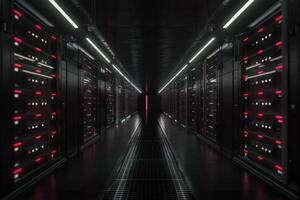 A stunning futuristic perspective of a sprawling data center showcasing numerous server racks and illuminated pathways photo