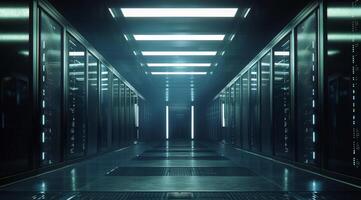 A sleek corridor in a high-tech data center, illuminated with bright lights and reflective surfaces. photo