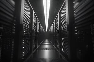 A dimly lit modern data center displaying an extensive array of server racks and cuttingedge technology throughout photo