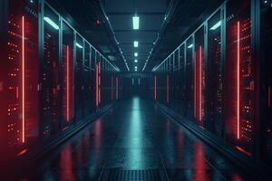 Explore this striking image of a modern data center, illuminated by vibrant neon lights, highlighting its design photo