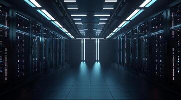 This is a cuttingedge modern data center that features multiple server racks and uses ambient LED lighting photo