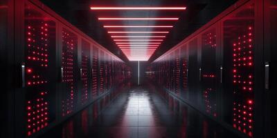 A sleek and modern data center space is illuminated with striking red lights and features polished flooring throughout photo