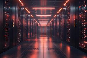A striking and vivid view of a hightech server room that is brilliantly illuminated by neon lights that glow photo