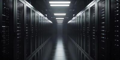 An impressive aisle in a modern, stateoftheart data center, elegantly lined with incredibly powerful servers photo
