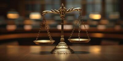 The classic scales of justice serve as a representation of law, fairness, and equity, set against a library backdrop photo
