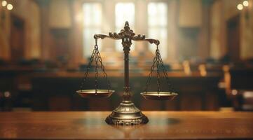 A traditional classic balance scale symbolizing impartial justice within a courtroom environment setting photo