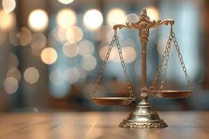 A closeup image of an ornate scale symbolizing justice, set against a soft bokeh background enhancing its significance photo