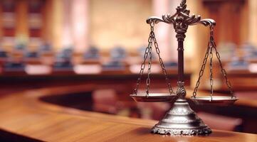 A detailed closeup of the iconic scales of justice prominently displayed in a courtroom, symbolizing law and fairness photo