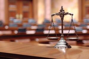 A highly detailed closeup image of a traditional scale, symbolizing justice within a courtroom setting photo