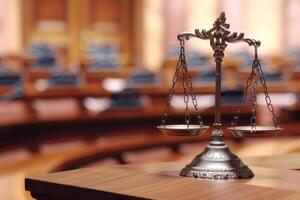 This is a comprehensive depiction of a traditional scale of justice set within a courtroom environment photo