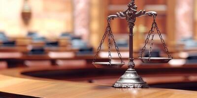 An iconic scale representing justice, elegantly displayed in a courtroom ambiance that underscores its significance photo