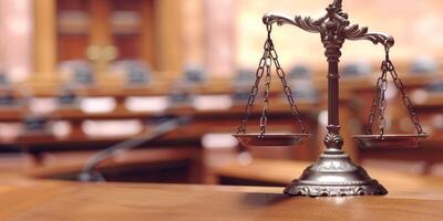 The symbol of justice is often represented by scales, prominently featured in a courtroom setting and environment photo