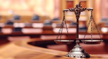 The iconic scales of justice symbolize law and order within the structured environment of a courtroom setting photo