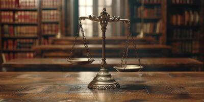 A closeup view of an iconic classic scale of justice situated in an ancient library filled with countless law books photo
