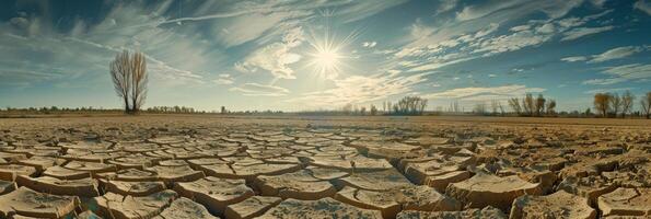A stark and desolate landscape vividly illustrates the severe and devastating effects of prolonged drought and climate change, showcasing cracked earth with a solitary tree beneath an expansive sky photo