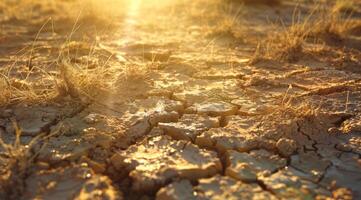 A parched, cracked earth exposed under the relentless sunlight serves as a stark representation of the severe and devastating effects of prolonged drought and climate change on various ecosystems photo