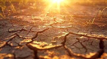 The image shows cracked earth at sunset, highlighting the severe drought effects and alarming impacts of climate change on our crucial environment and diverse ecosystems essential for survival photo