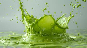 A refreshing green smoothie, bursting with dynamic motion and vibrant hues, vividly embodies health and vitality in a stunning visual display that truly captivates the senses and invites enjoyment photo