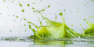 A vibrant and eyecatching splash of green smoothie, capturing the essence of freshness and healthiness in a dynamic and exciting moment. Its perfect for enthusiastic wellness lovers everywhere photo