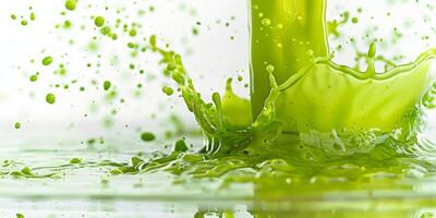A vivid and energetic splash of green smoothie creates a dynamic and refreshing scene, beautifully showcasing the vibrant color and invigorating energy that healthy living embodies and promotes photo