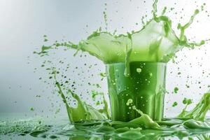A vibrant green smoothie splash captures a colorful blend of nutritious ingredients, ideal for health enthusiasts and culinary bloggers, promoting a healthy lifestyle and nutritious habits photo