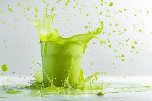 A vibrant green smoothie splashes energetically, creating an artistic display of colors. Perfect for health enthusiasts and food photography lovers, it showcases nutritious ingredients photo