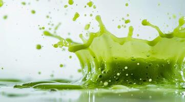 A vibrant green smoothie beautifully demonstrates fluid dynamics, combining fresh ingredients to promote vitality and wellbeing, enhancing the delightful experience of consuming nutritious food photo
