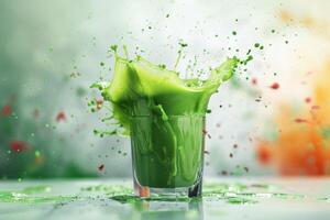 A vibrant green smoothie splashes dramatically from a tall glass, showcasing a lively mix of freshness and energy bursting forth, perfect for health enthusiasts who cherish nutritious beverages photo