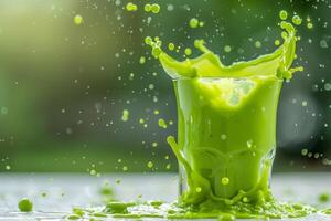 A vibrant and refreshing green smoothie made with fresh ingredients is beautifully displayed in a clear glass, making it perfect for health and wellness themes, enhancing both nutrition and hydration photo