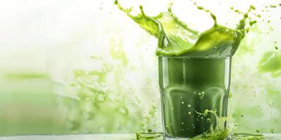 A vibrant green smoothie elegantly splashes out of an inviting glass, showcasing an abundance of freshness and health while delivering a lively and energetic burst of color and delightful texture photo