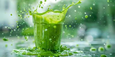 A vibrant green smoothie enthusiastically splashes out of a tall glass, surrounded by refreshing droplets, beautifully showcasing vitality, freshness, and a commitment to health and wellness photo