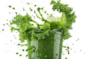A vibrant green smoothie splashes energetically across the scene, showcasing fresh and nutritious ingredients like kale and cucumber in a dynamic, inviting, and healthy presentation that captivates photo