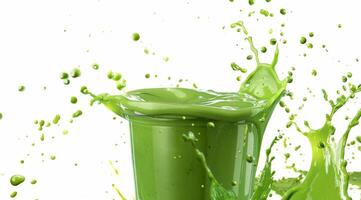 A vibrant green smoothie splashes from a glass, showcasing its freshness, delightful flavor, and health benefits, making it an ideal choice for a refreshing, nutritious drink everyone should enjoy photo