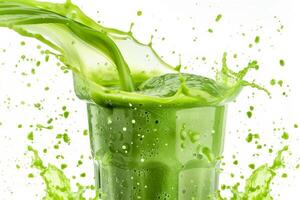 Experience a lively, vibrant green smoothie splash that embodies the true essence of freshness and overall health. Its perfect for energizing your day with the wholesome goodness of nature photo