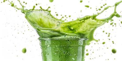 A vibrant splash of a green smoothie captured brilliantly in midair, showcasing its freshness and vitality, making it the perfect choice for healthy living and an active lifestyle photo