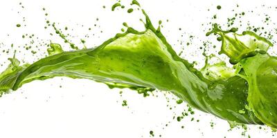 A vibrant and dynamic splash of a fresh green smoothie beautifully highlights its healthy ingredients, making it perfect for various smoothies, refreshing drinks, and healthfocused design projects photo