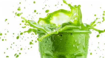 A vibrant green smoothie splashing out of a glass, beautifully showcasing a healthy and refreshing drink that is perfect for energizing your peaceful mornings and kickstarting your day with vitality photo