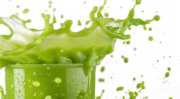 A dynamic splash of a bright green smoothie, expertly captured in midair, showcasing an incredible sense of freshness and vitality with vibrant colors and energetic movement that excites the senses photo