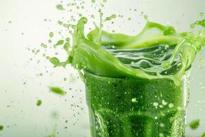 A refreshing green smoothie elegantly splashes into a glass, showcasing a vibrant burst of healthy ingredients and enticing colors, making it the perfect choice for a nutritious and energizing drink photo